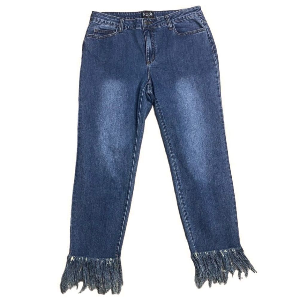 A.Z.I. Sz 12 Blue Med Wash Bootcut Stretch Mid Rise Raw Fray Hem Denim Jeans